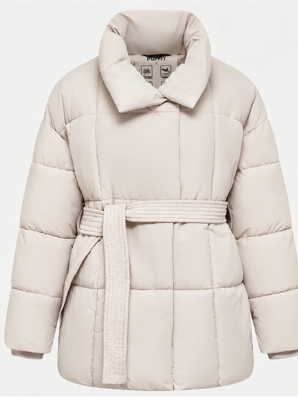 Women's Cream Belted Puffer Coat - Picture 3 of 6